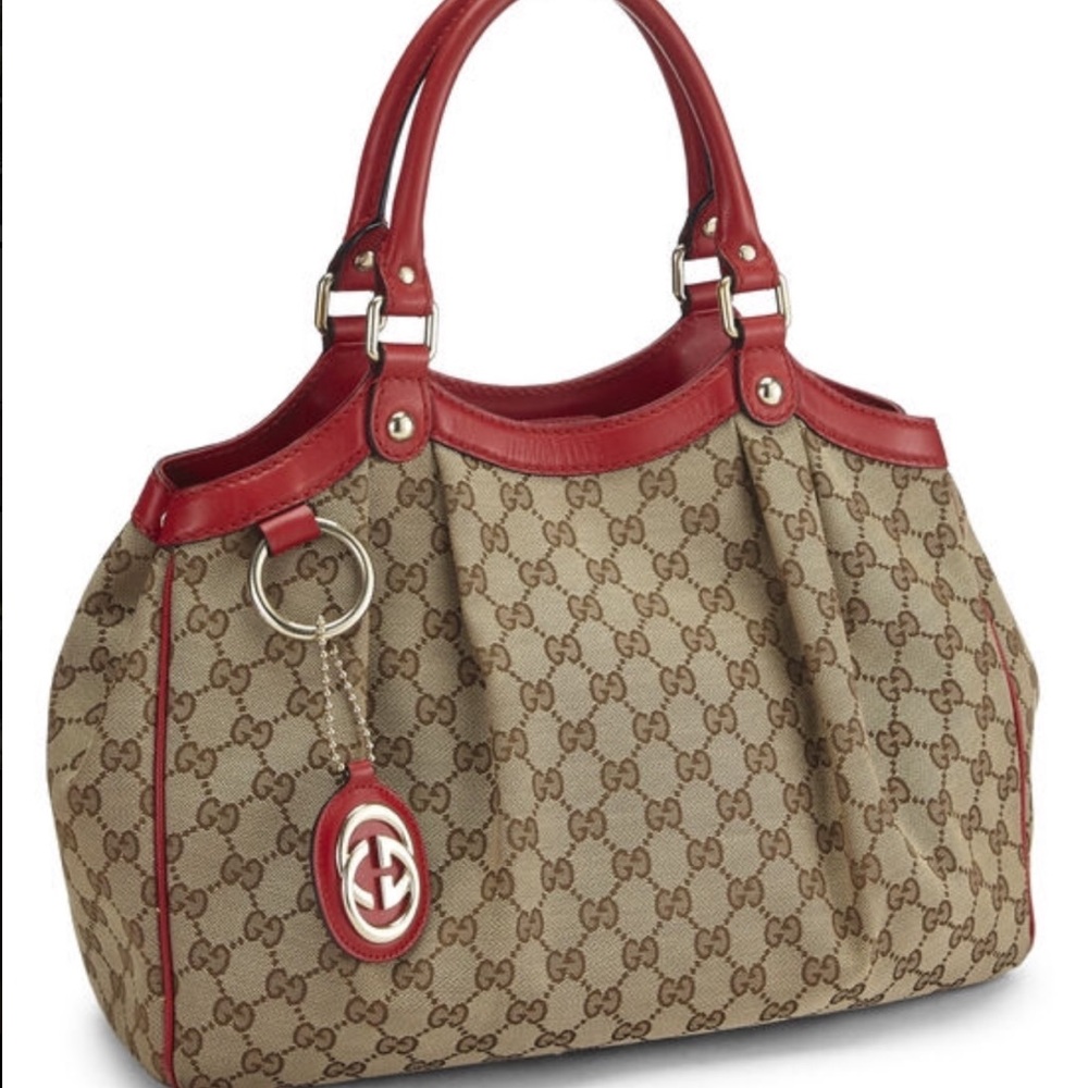 Gucci GG Canvas Medium Tote w/ Red Leather Trim & GG Charm Sukey